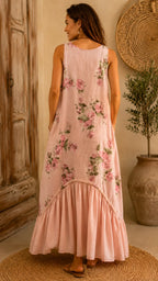 Rose Floral Sleeveless Linen-Blend Maxi Dress