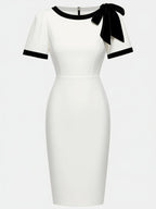 Black Bow Short Sleeve Sheath Midi Dress