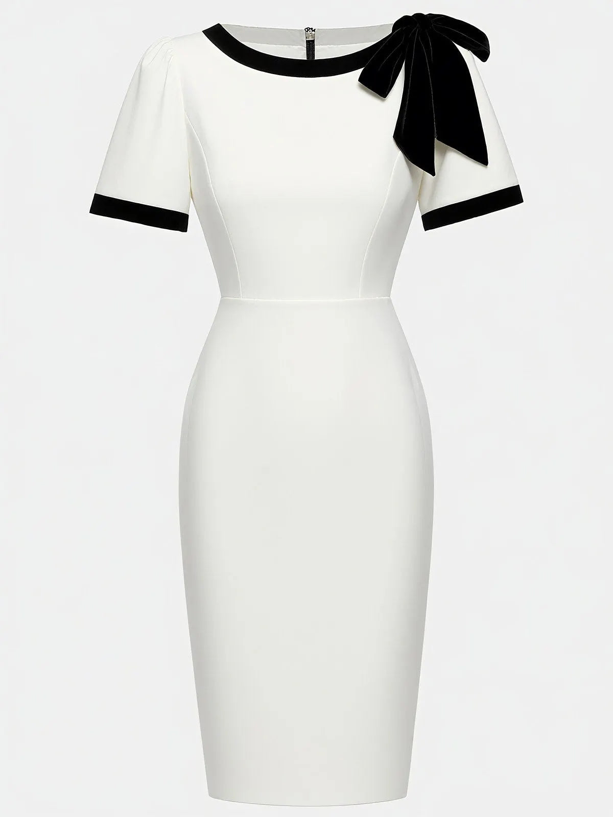 Black Bow Short Sleeve Sheath Midi Dress
