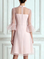 Blush Pink Sheer Flared 3/4‑Sleeve A‑Line Midi Dress