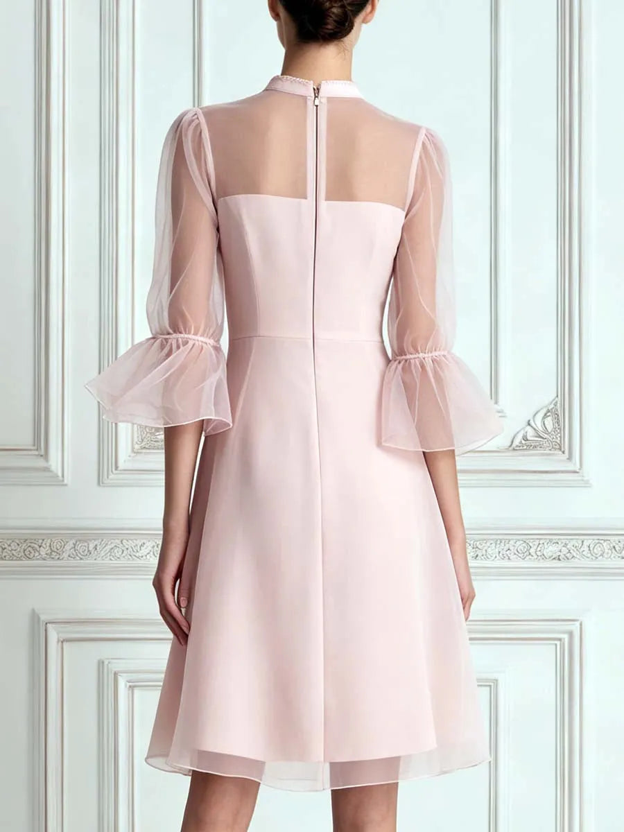 Blush Pink Sheer Flared 3/4‑Sleeve A‑Line Midi Dress