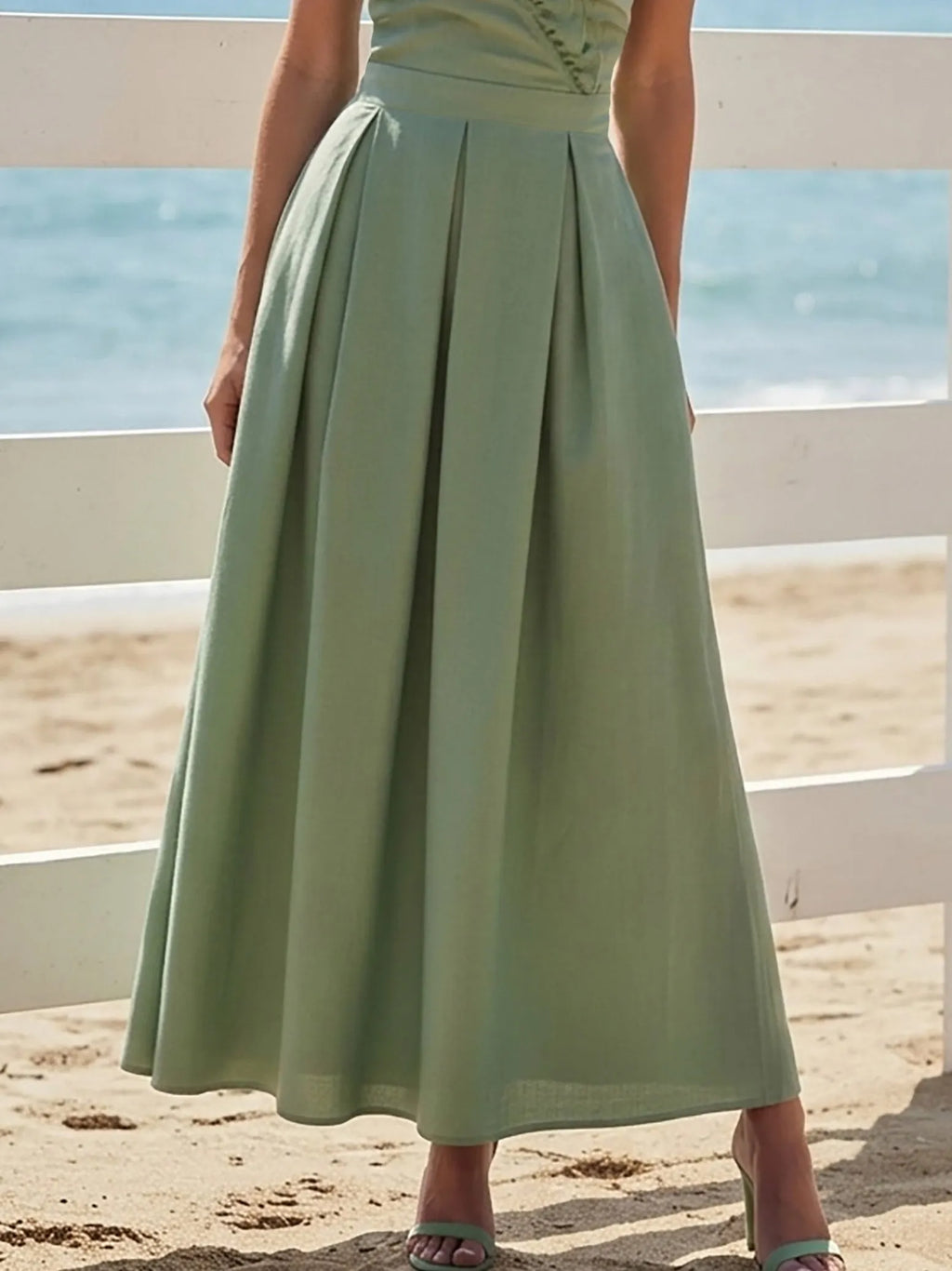 Maxi Linen Dress, Sleeveless, V Neck, Plain, Ruffles, French Vintage, Green