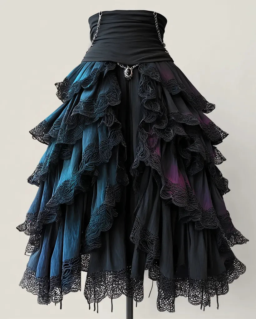 Elegant Patchwork Ruffle Skirt  15b9