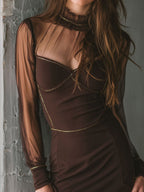 Chic Mocha Allure Sheer Mesh Patchwork Mini Dress Gilded Detailing