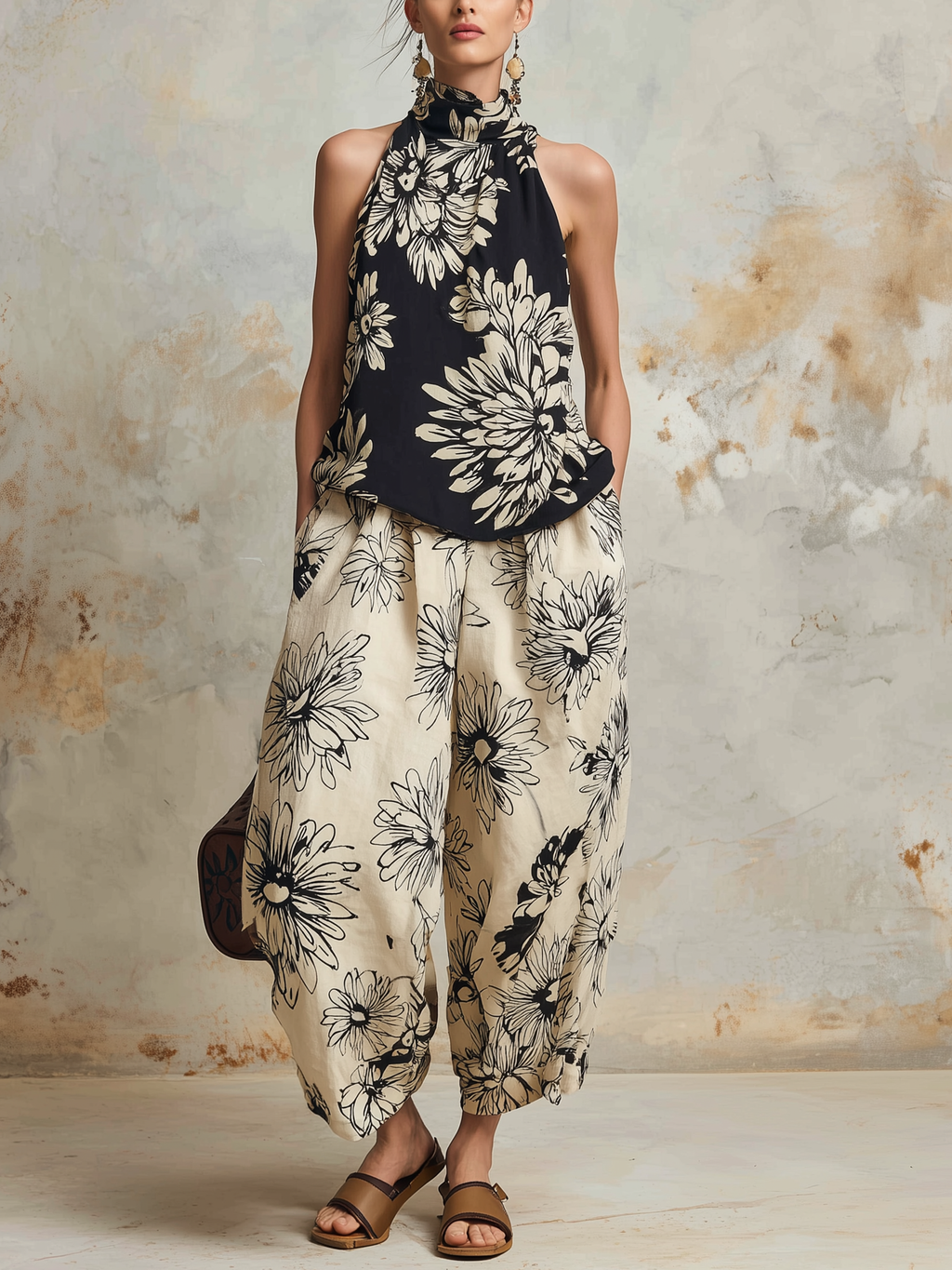 Black & Beige Floral Halter Top & Wide-Leg Pants Two-Piece Set