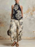 Black & Beige Floral Halter Top & Wide-Leg Pants Two-Piece Set
