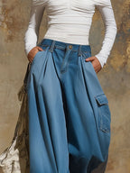 Retro Multi-pocket Wide-leg Cropped Denim Jeans