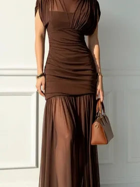 Brown Wool Lyocell Ruched Mesh Knit Mock Neck Sleeveless A-Line Maxi Dress