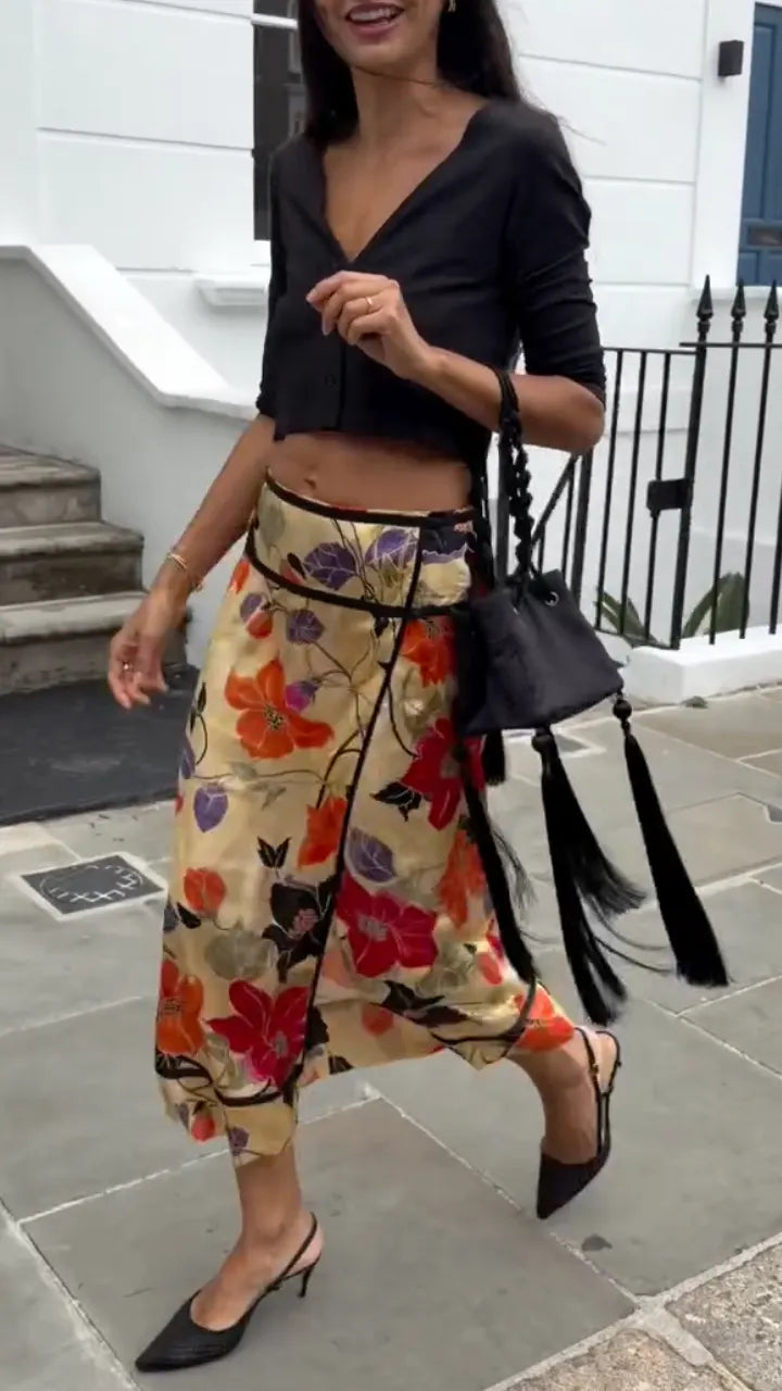 Vintage Watercolor Flower Print Straight Midi Skirt