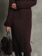 Burgundy Fuzzy Knit Midi Dress With Detachable Cuffs