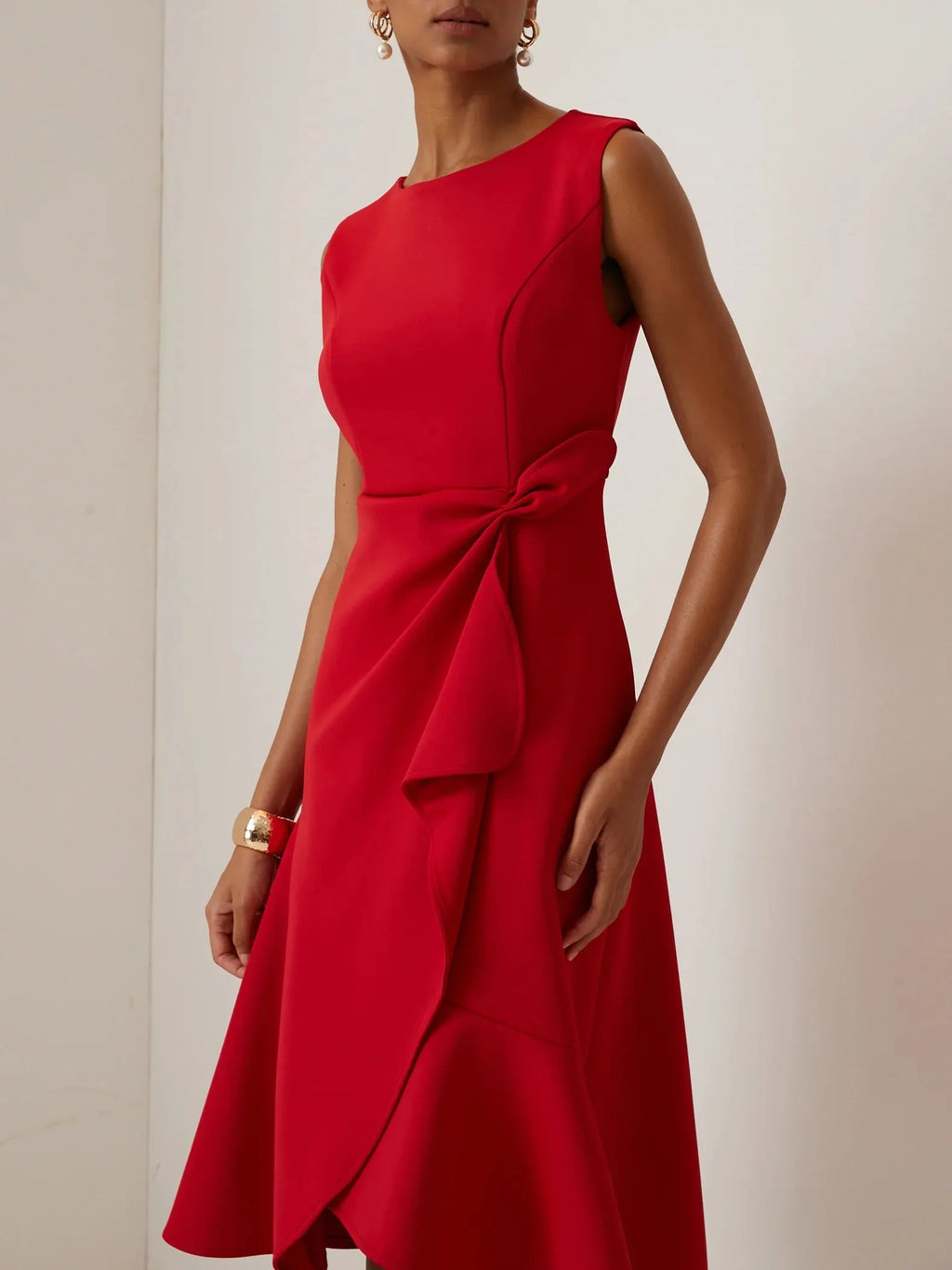 Red Asymmetric Ruffled Classic Boat Neck Sleeveless Midi Elegant A-line Dress with Waist Twist for Day-to-Night
