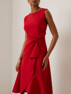 Red Asymmetric Ruffled Classic Boat Neck Sleeveless Midi Elegant A-line Dress with Waist Twist for Day-to-Night