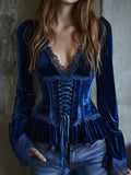 Retro Deep Blue Velvet Corset  Lace-Up Peplum Blouse With Lace Trim