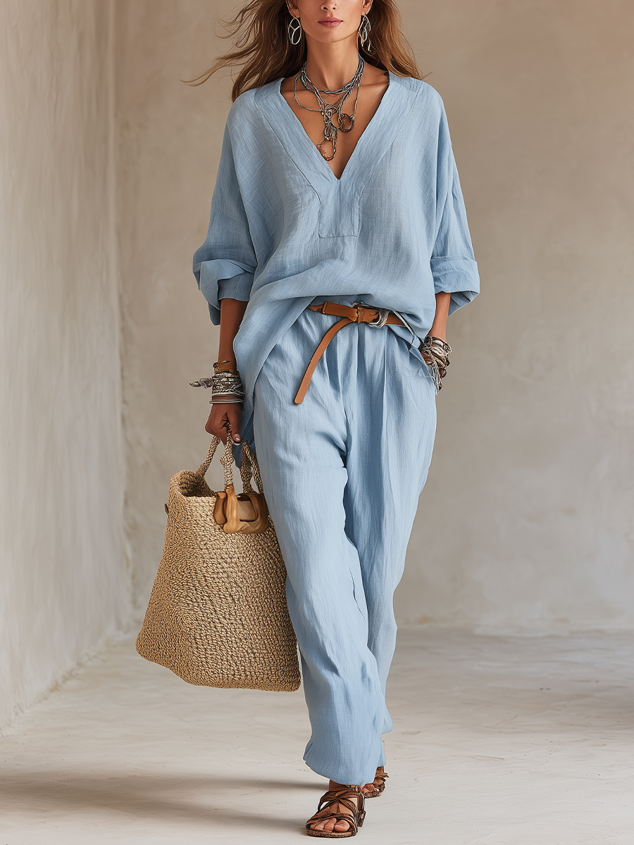 Casual Blue Natural Linen Suit