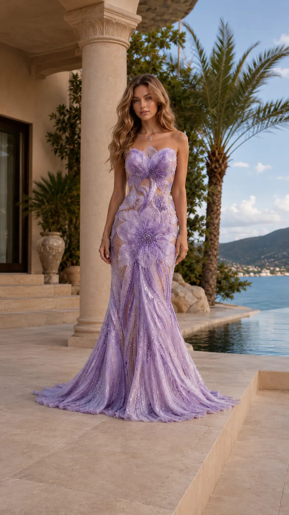 Gradient Floral Mermaid Train Evening Gown