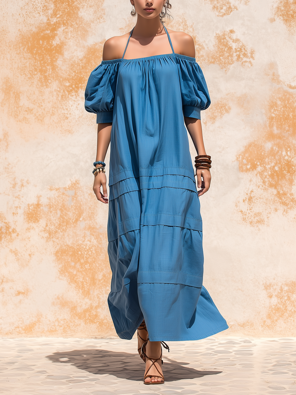 Halter Neck Off-Shoulder Tiered Maxi Dress
