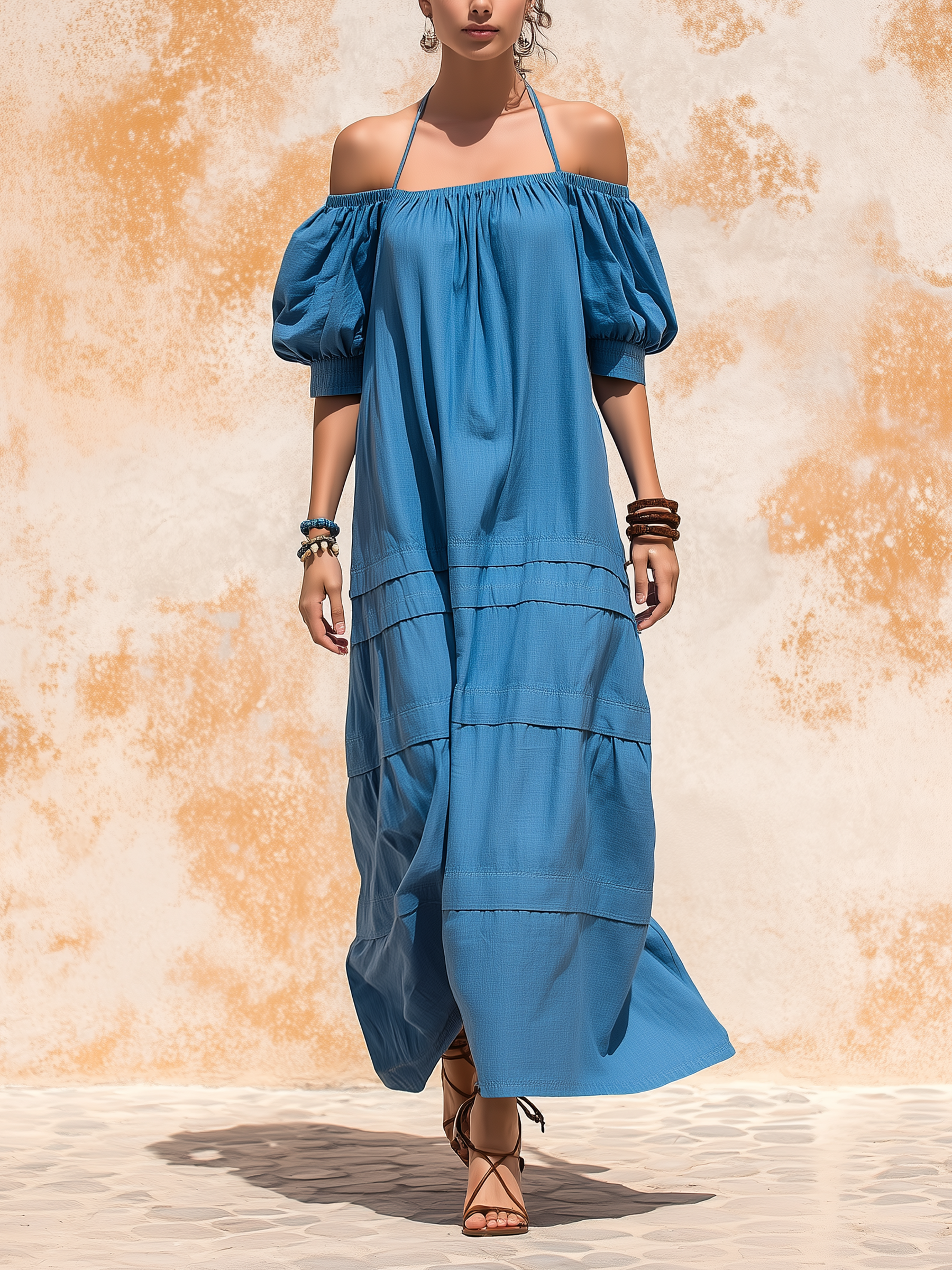 Halter Neck Off-Shoulder Tiered Maxi Dress