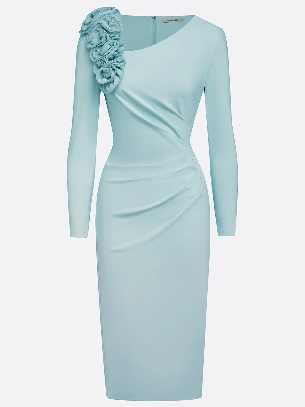 Light Blue 3D Floral Ruched Knit Asymmetrical Long Sleeve Sheath Midi Dress