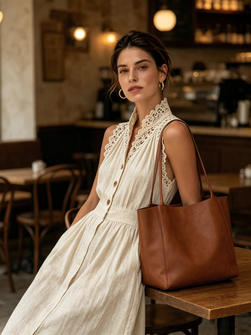 Beige Linen-Blend Lace Trim Sleeveless Button-Front Maxi Dress