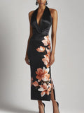 Chic Black Satin Halter Neck Dress with Single-Sided Floral