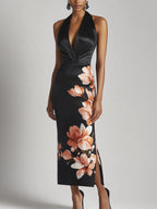 Chic Black Satin Halter Neck Dress with Single-Sided Floral