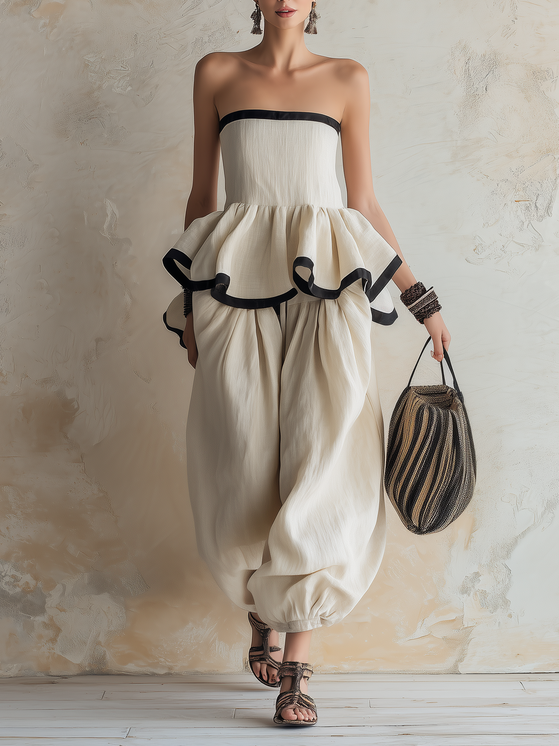 Strapless Ruffle Peplum Top & Harem Pants Set | Linen Boho Two-Piece Outfit