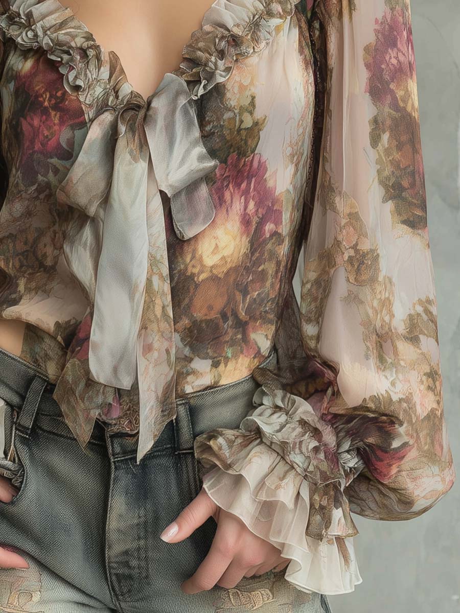 Boho Vintage Floral Tie-Front Chiffon Blouse