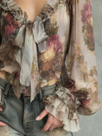 Boho Vintage Floral Tie-Front Chiffon Blouse
