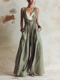 Olive Green Smocked Waist Wide-Leg Linen Jumpsuit With Pockets