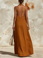 Cotton-Blend Color Block Halter Maxi Dress