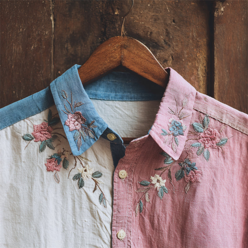 Cottagecore Floral Trans Flag Colorblock Linen Shirt