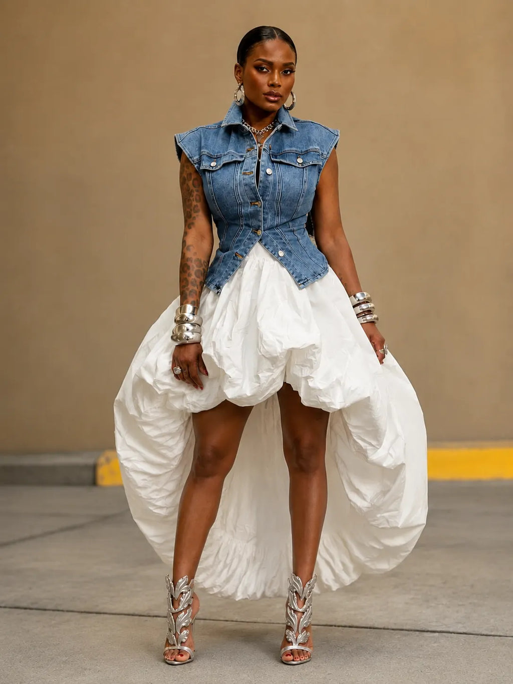 Sleeveless Denim Vest High Low Skirt Two Piece Set