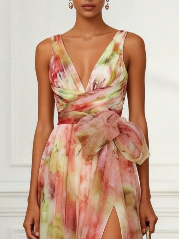 Pink Floral Bow Tulle V Neck Sleeveless A-Line Floor-length Gown Dress