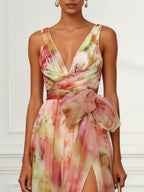 Pink Floral Bow Tulle V Neck Sleeveless A-Line Floor-length Gown Dress