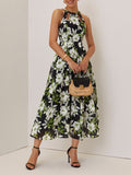 Green Floral Hollow Out Chiffon Halter Crew Neck Sleeveless A-Line Maxi Dress