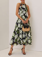 Green Floral Hollow Out Chiffon Halter Crew Neck Sleeveless A-Line Maxi Dress