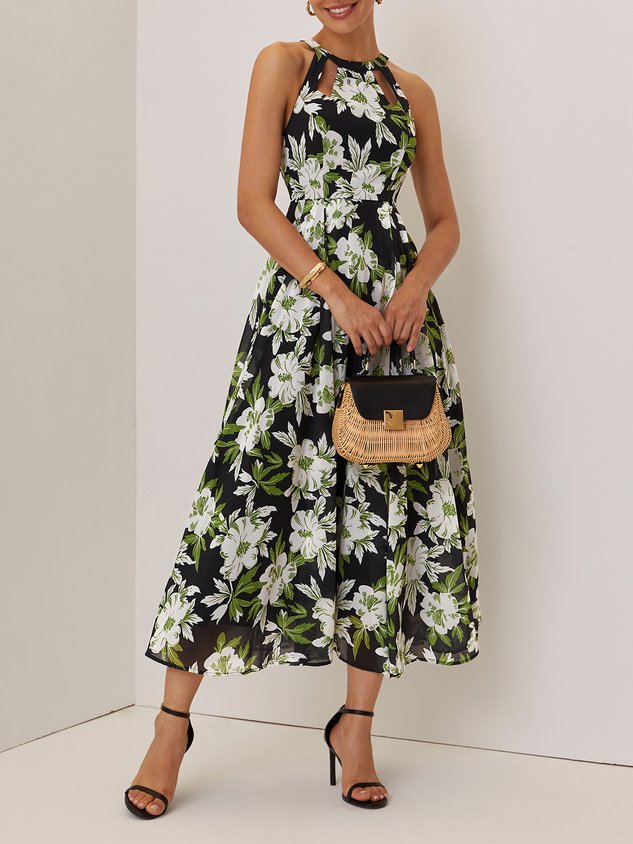 Green Floral Hollow Out Chiffon Halter Crew Neck Sleeveless A-Line Maxi Dress
