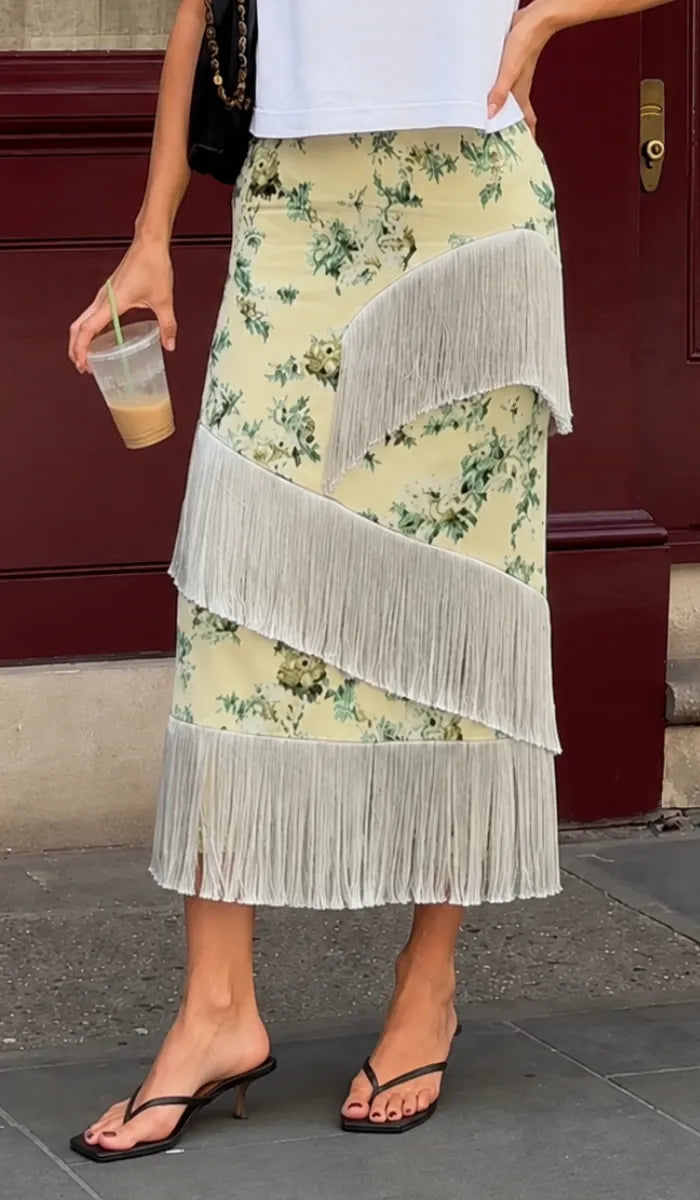 Floral Fringe Midi Skirt