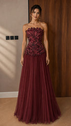 Strapless Gradient Floral Applique Pleated Tulle Evening Dress
