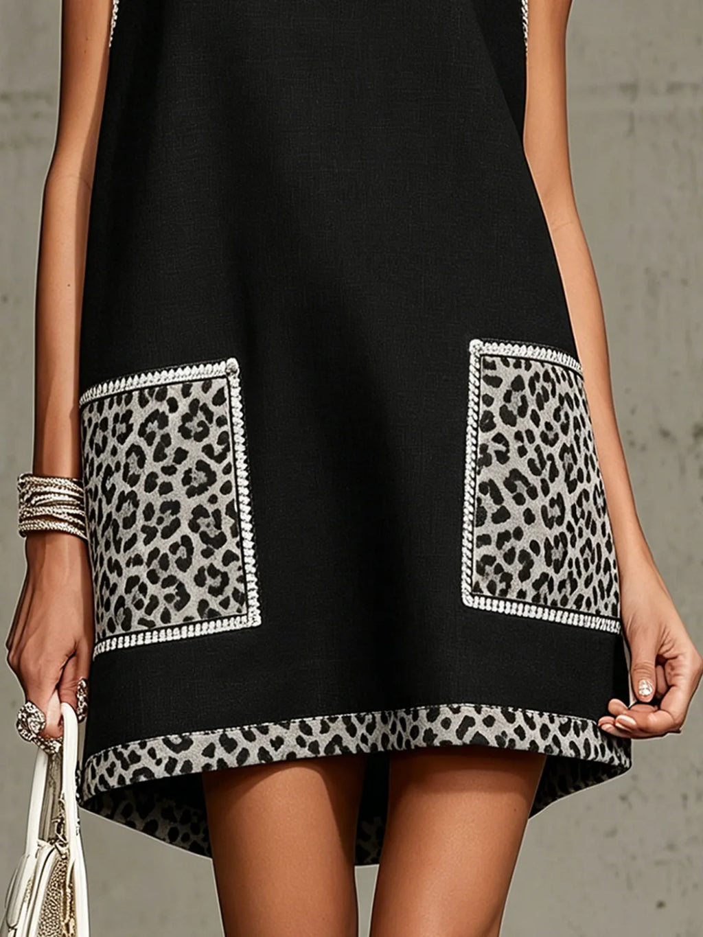 Black Sleeveless Mini Dress With Leopard Print Pockets and Trim
