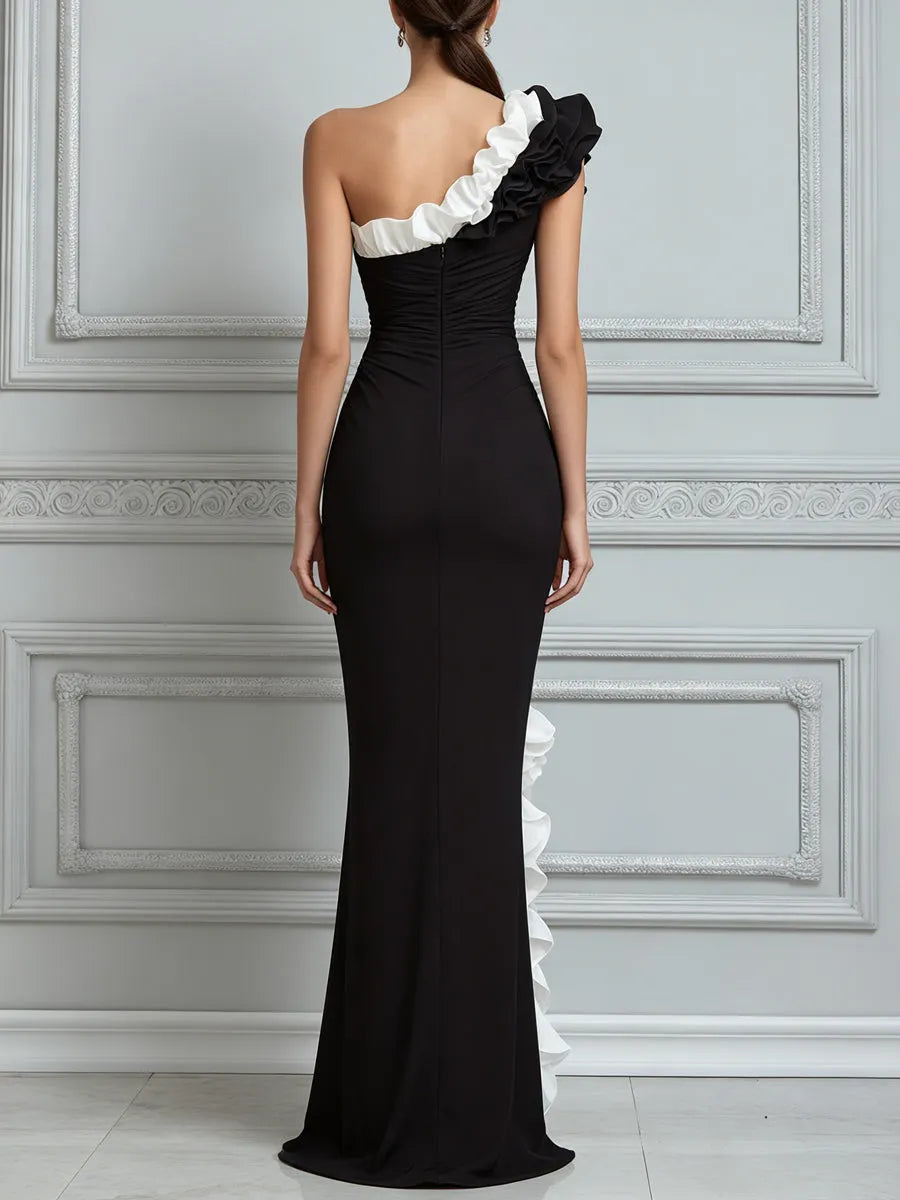 Black And White One-Shoulder Ruffle Evening Maxi Dress