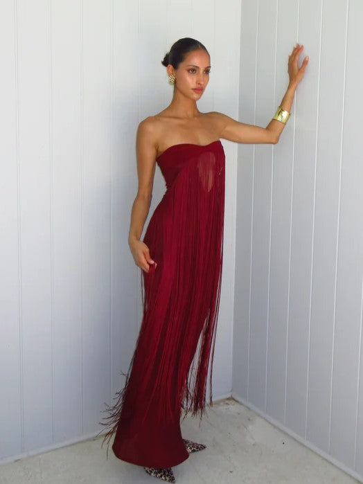 Burgundy Strapless Fringe Cut-Out Maxi Evening Gown