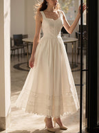 Maxi Linen Dress, Sleeveless, Sweetheart Neckline, Plain, Lace, Vintage, White