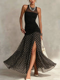Black Sheer Polka Dot Chiffon Sleeveless Maxi Dress