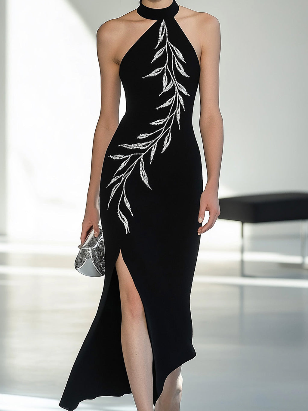 Chic Black Halter Neck Dress with Side Slit and Embroidery