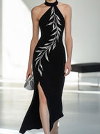 Chic Black Halter Neck Dress with Side Slit and Embroidery