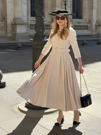 Off White Pleated Ruched Three Quarter Sleeve A-Line Maxi Dress