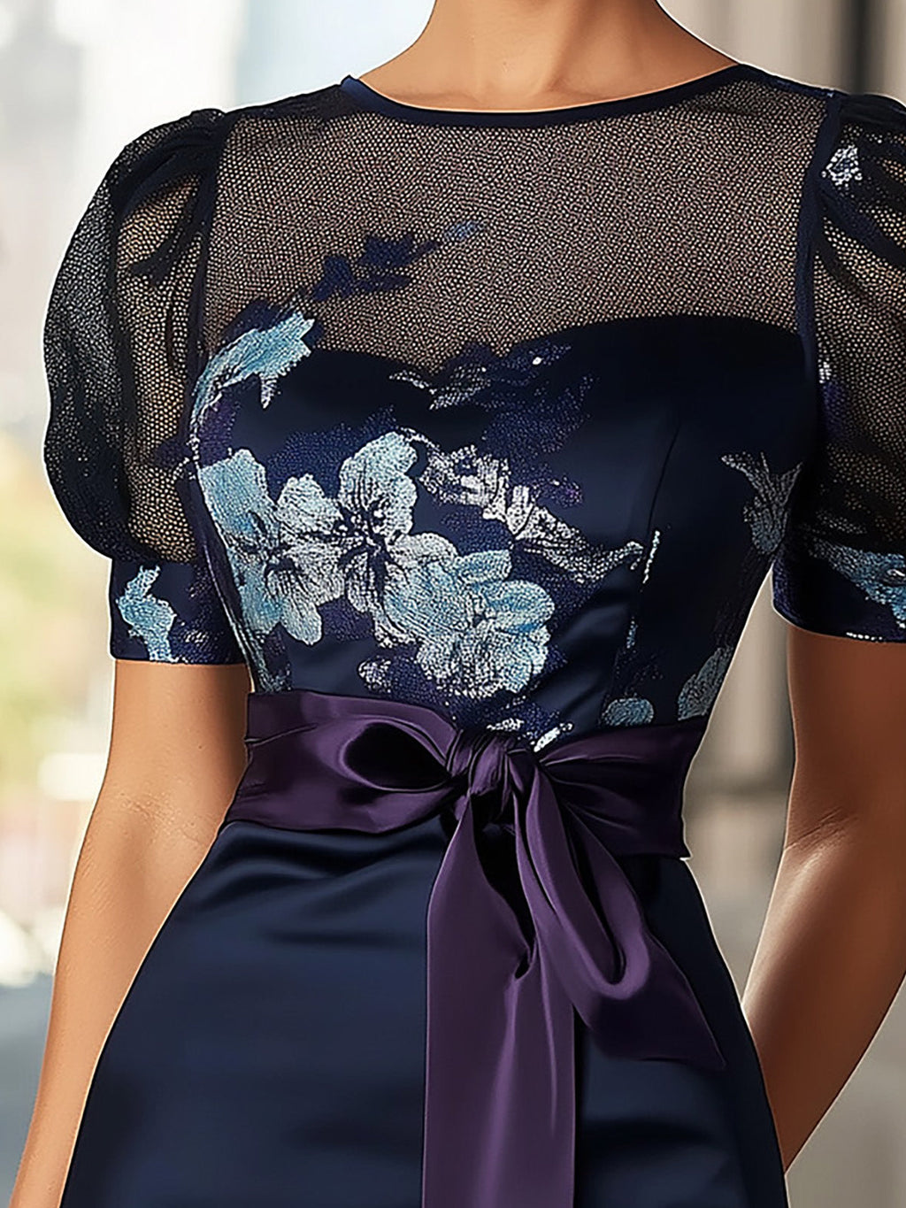 Navy Blue Satin Dress With Floral Print And Purple Sash