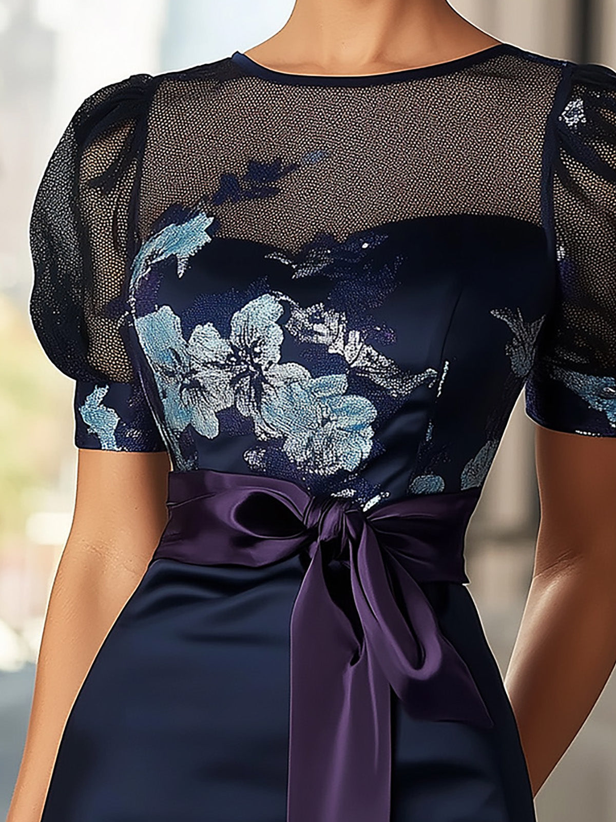 Navy Blue Satin Dress With Floral Print And Purple Sash