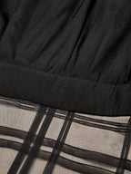 Black Organza Plaid Classic Mock Neck Sleeveless A-Line Midi Dress